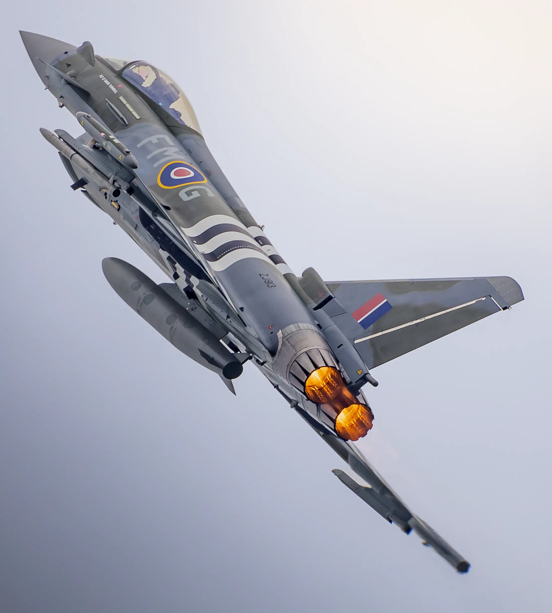 A Royal Air Force Typhoon climbing steeply with its afterburners lit